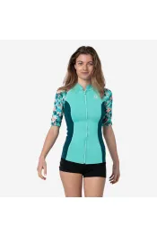 Uv werend zwemshirt met korte mouwen voor dames neopreen 1,5 mm turquoise bloemen